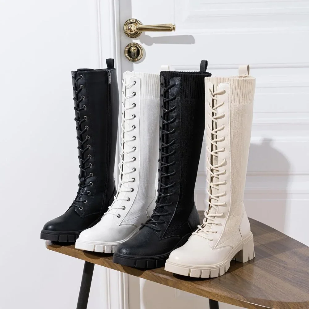 Women's Black 953 Chunky Platform Heel Lace Gothic Knee High Combat Boots
